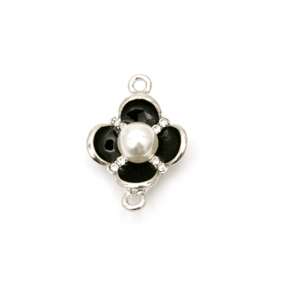 Metal connecting element flower with crystals and pearl 25x17x8 mm hole 1.5 mm color silver - 2 pieces
