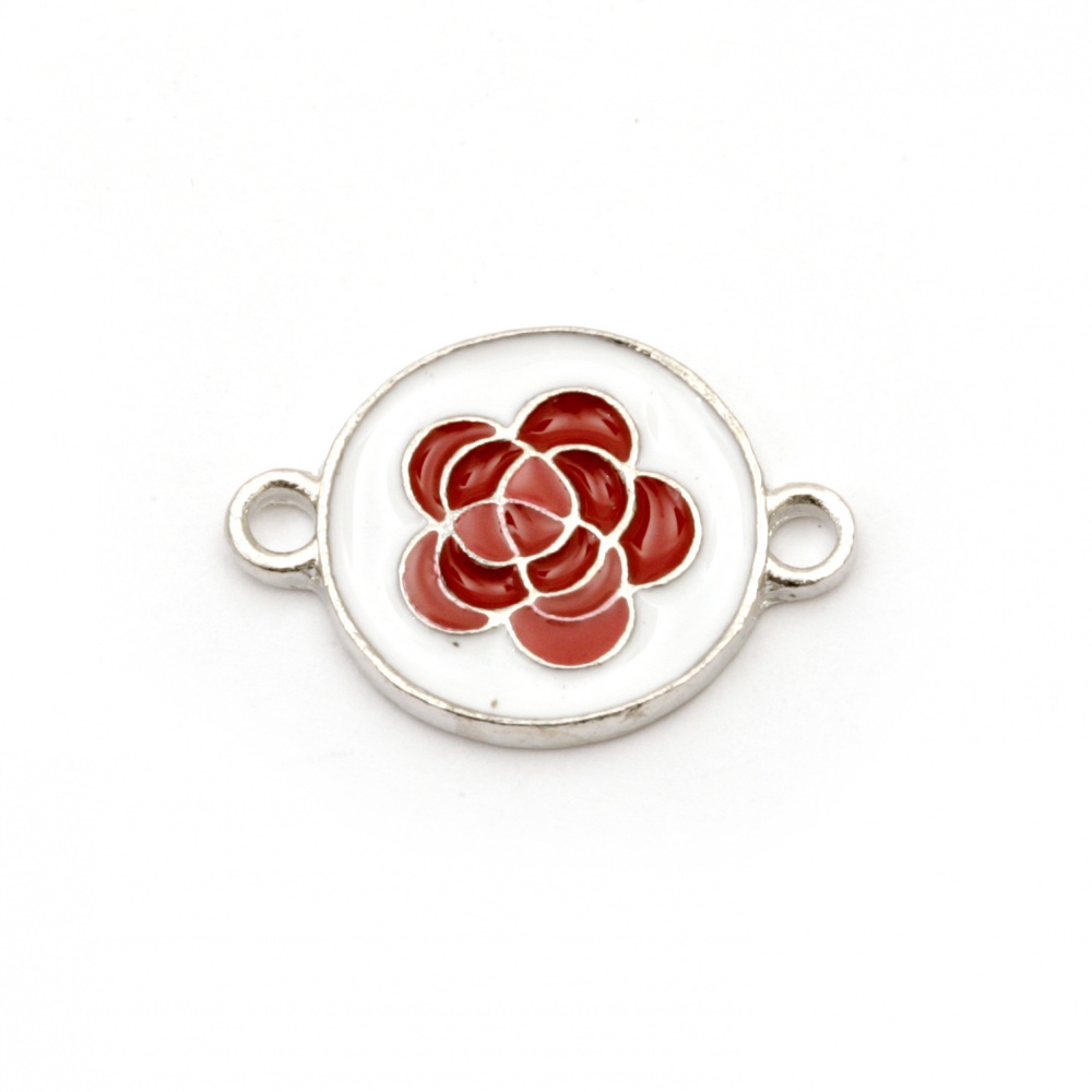 Circle connecting element, metal with rose white and red 23x16x2 mm hole 1.5 mm color silver - 2 pieces