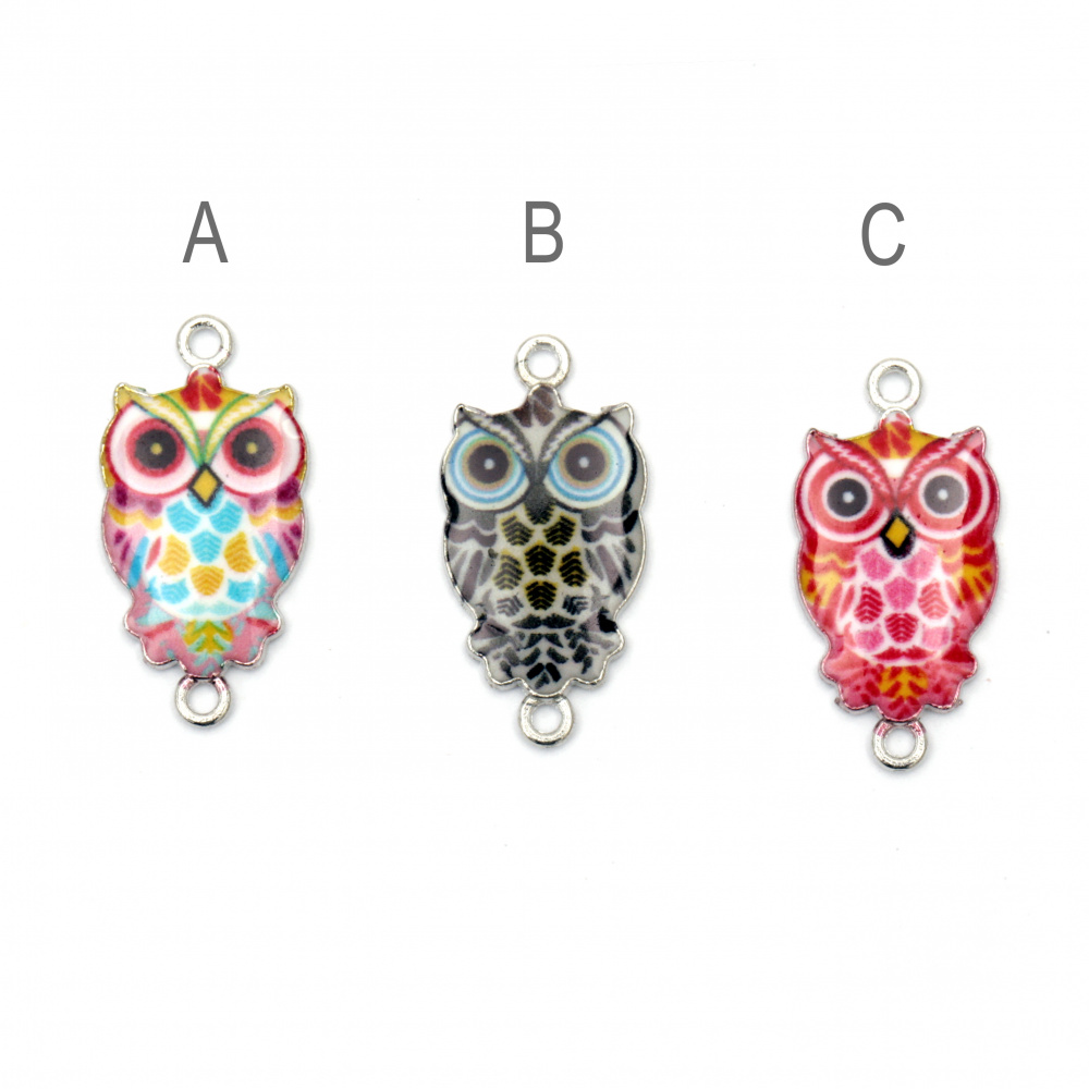 Painted owl connecting metal element 26x13x2.5 mm hole 1.5 mm color silver - 2 pieces