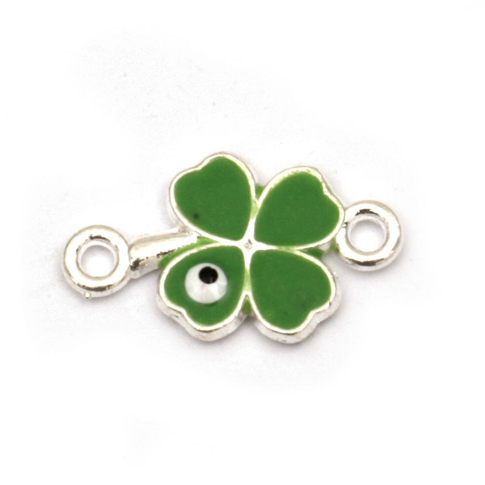 Glaze green clover, connecting metal element with an evil eye 20x12x2.5 mm hole 2 mm color silver - 2 pieces