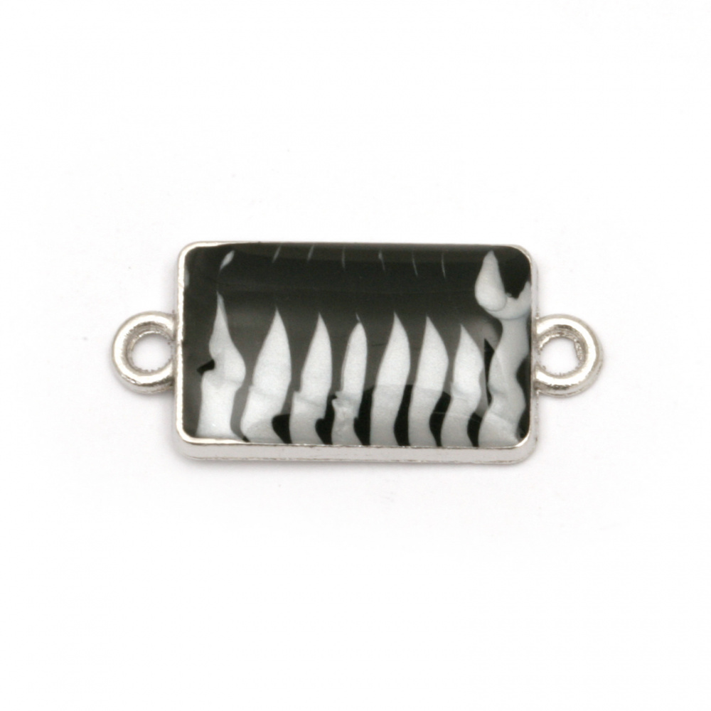 Jewelry finding  element, metal connector rectangle white and black 25x11x3 mm hole 2 mm color silver - 5 pieces