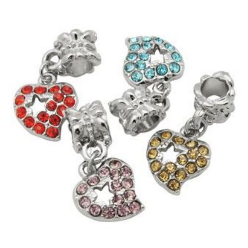 Art heart charm with colorful crystals, Pandora type 11x25 mm hole 4.8 mm colored