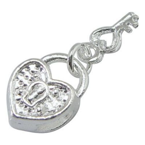 PANDORA Type Metal Charm / Heart with Key, 10x13.5x7 mm, Hole: 4.5 mm, Silver