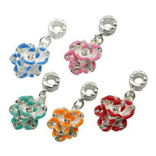 Art colorful flower charm  with small crystals, fits Pandora type bracelets 14x29x7 mm hole 4 mm