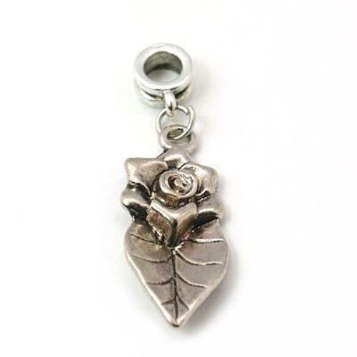 ART Metal Pendant PANDORA Type / Rose with a Leaf, Jewelry Making Accessory, 43 mm, Hole: 5 mm, Silver Color 