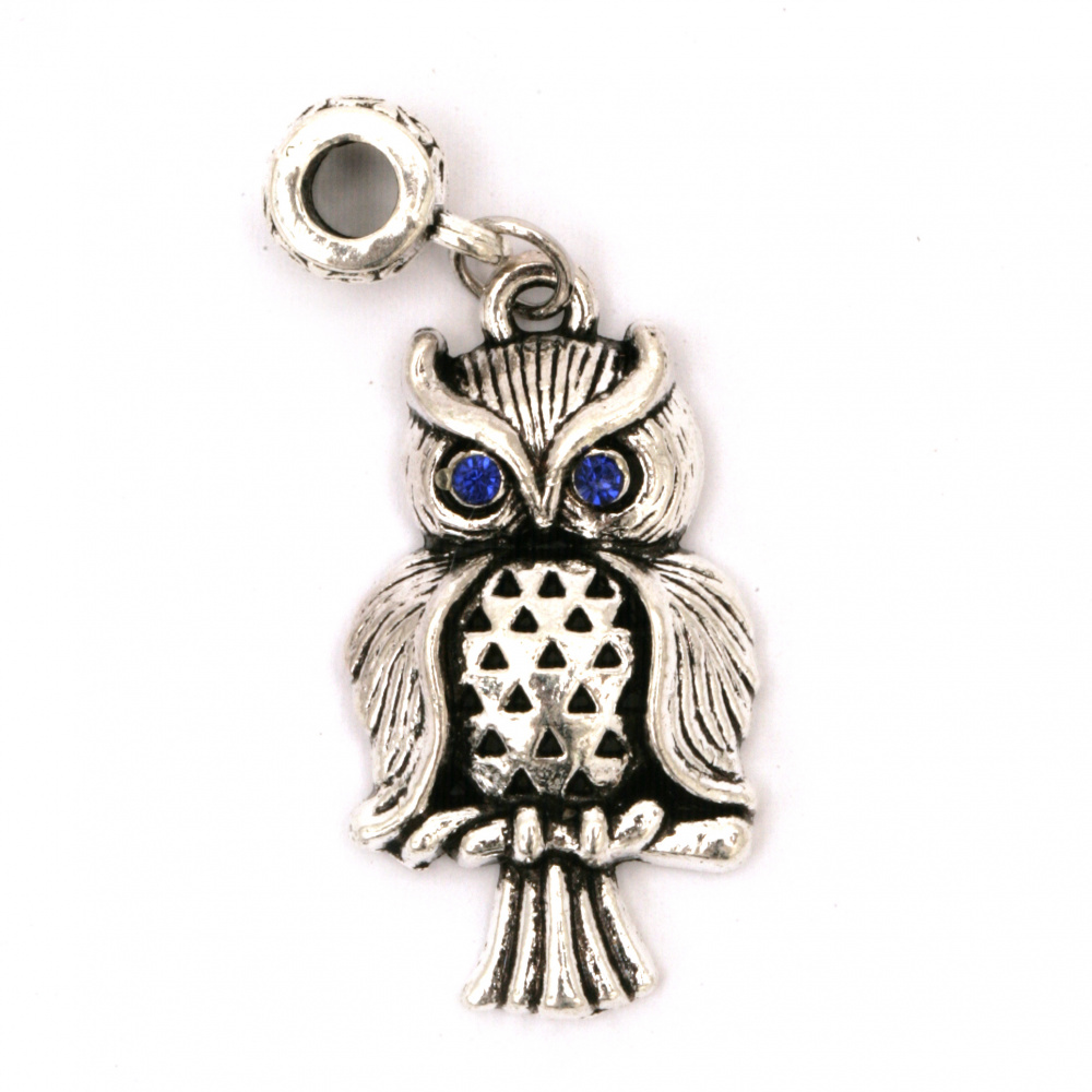 Metal ART Pendant / Owl with Crystals, 42.5 mm, Hole: 5 mm, Old Silver