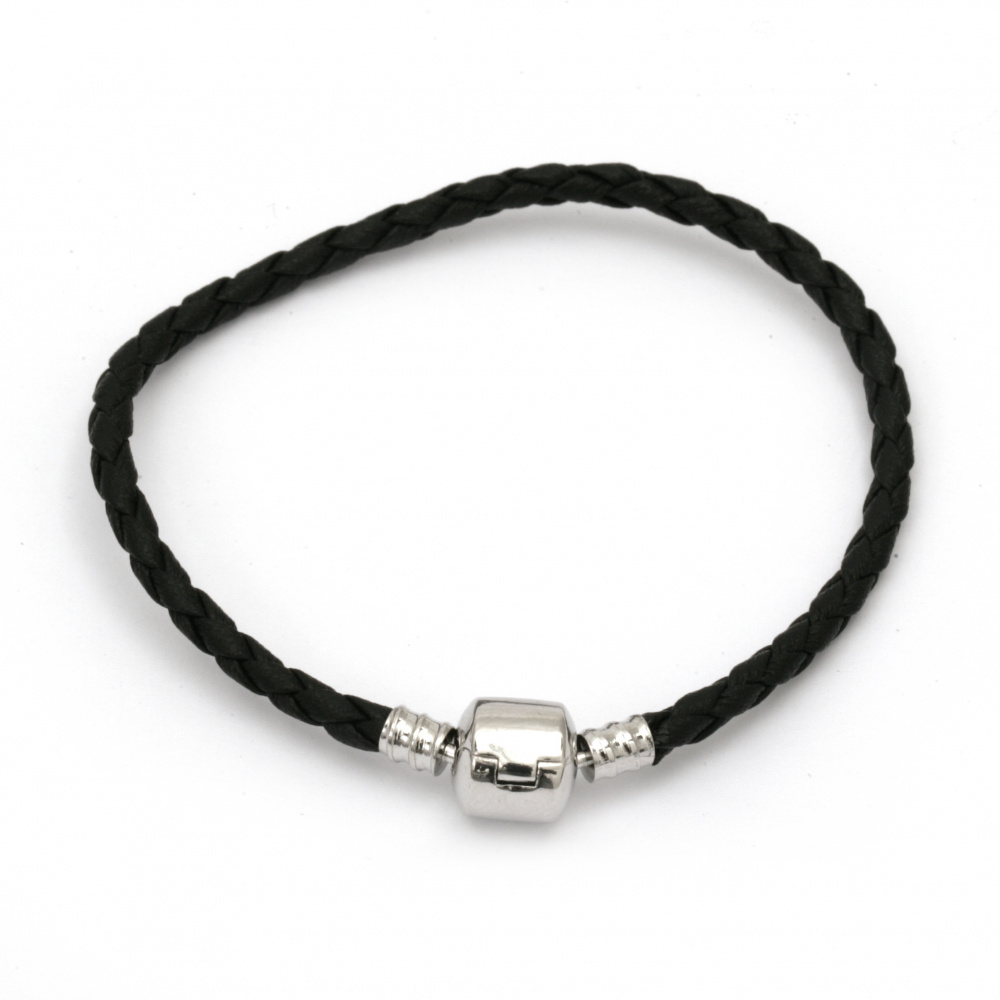 Bracelet Base, Leather Imitation with Metal Clasp, 195x3 mm, Black