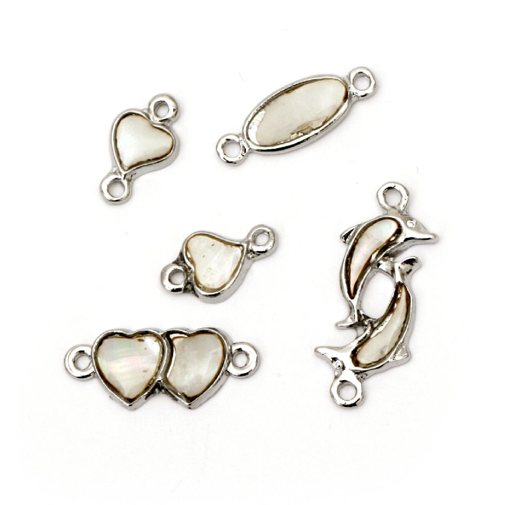 Metal connecting element, various of shapes with mother-of-pearl glaze 14~20x7~11x2 mm hole 1 mm - 5 pieces