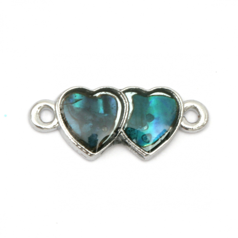 Metal hearts - jewelry metal findings - connector with mother-of-pearl 23x10x3 mm hole 2 mm - 5 pieces