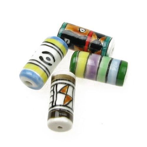 Porcelain Beads, Cylinder, Handmade, Mixed color, 21x9x9mm, hole 2mm, 4 pcs