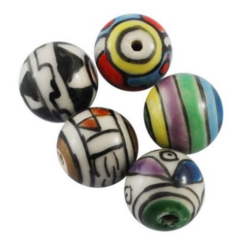 Porcelain Beads, Round, Handmade, Mixed color,  14mm, hole 2mm, 5 pcs