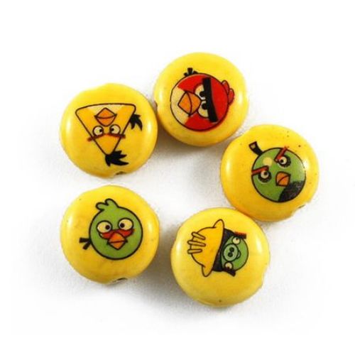 Porcelain Beads, Flat Round, Angry Birds, 20x10mm, hole 2mm, 5 pcs