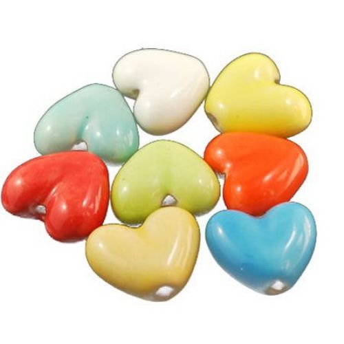 Porcelain Beads, Heart, Mixed color,  12.5x14.5x7mm, hole 1mm, 4 pcs