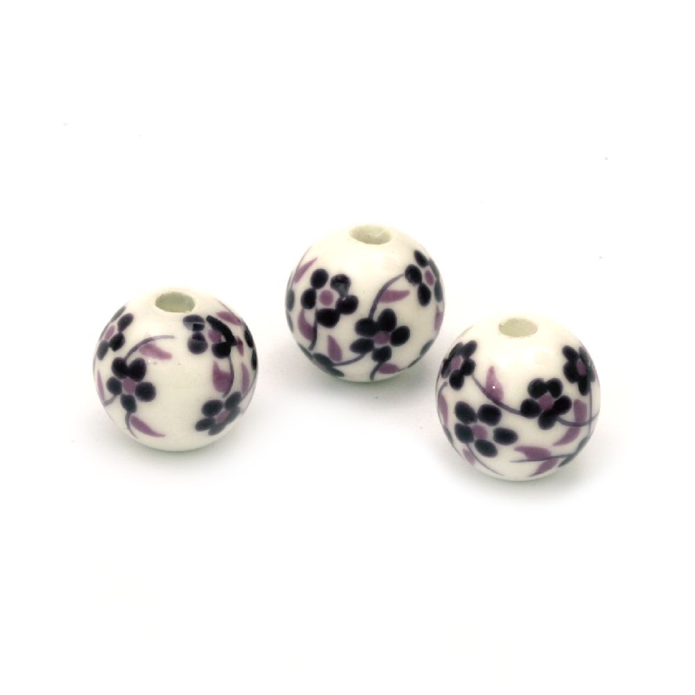Handmade Painted Porcelain Ball, 12 mm, Hole: 3 mm, White - 5 pieces