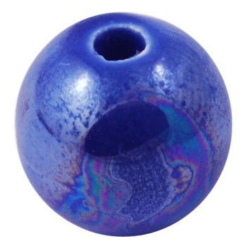 Handmade Ball-shaped Porcelain Ball with a Pearl Glaze, 12 mm, Hole: 2 mm, Blue - 5 pieces