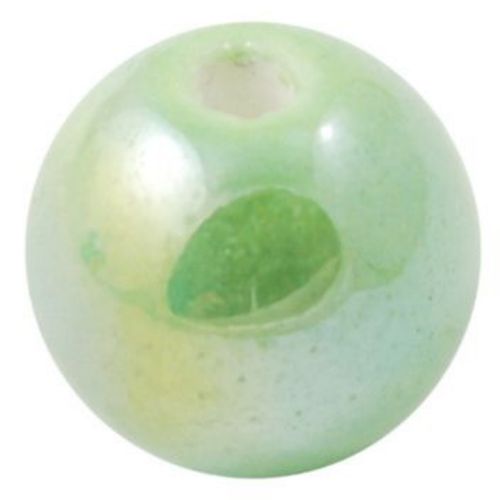 Handmade Glazed Porcelain Ball, 12 mm, Hole: 2 mm, Light Pearl Green - 5 pieces