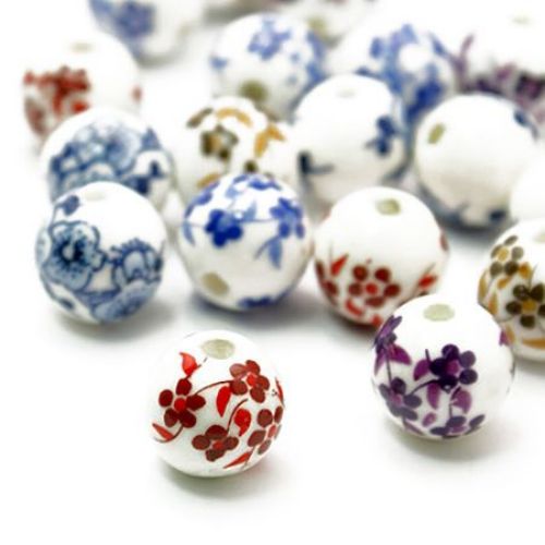 Porcelain Beads, Round, Painted, Mixed color, 12mm, hole 2mm, 5 pcs