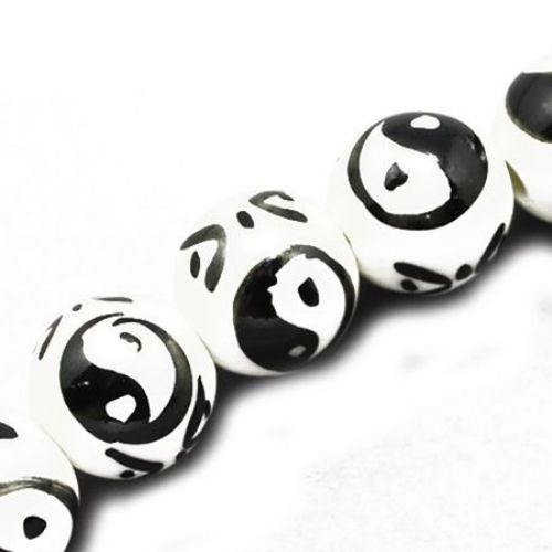 Porcelain Beads, Round, Painted, Black and White, 10mm, hole 2.5mm, 5 pcs