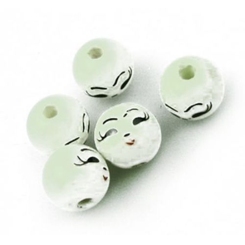 Porcelain Beads, Round, Smile, White, 12mm, hole 2mm, 5 pcs