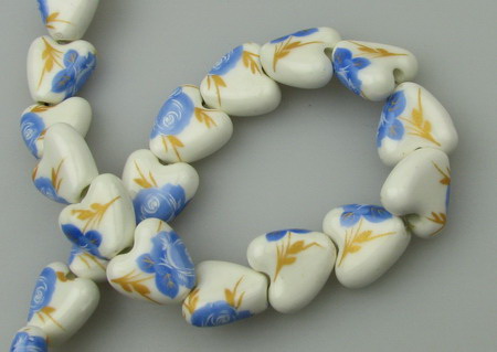 String Handmade Porcelain Heart-shaped Beads with Print, 15x15x6 mm ~ 22 pieces