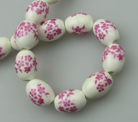 Oval-shaped Porcelain Beads String Decorated with Flowers, 17x14 mm ~ 18 pieces
