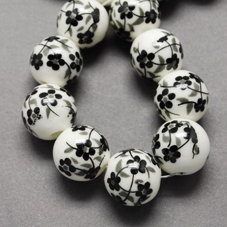 Porcelain Beads, Round, Painted, Handmade, Black and White, 10mm, hole 3mm, 5 pcs