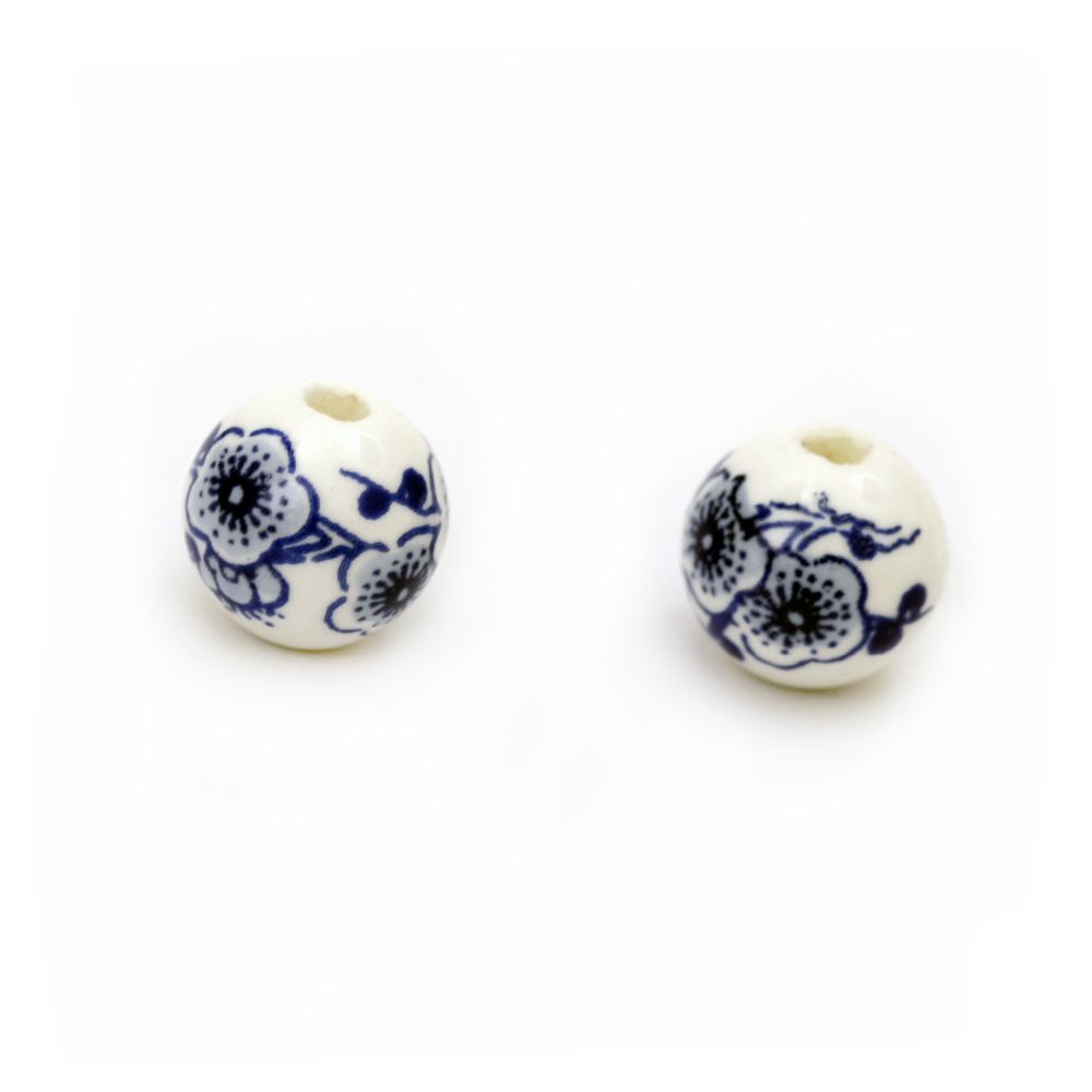 Porcelain Beads, Round, Painted, Blue, 10mm, hole 2mm, 5 pcs