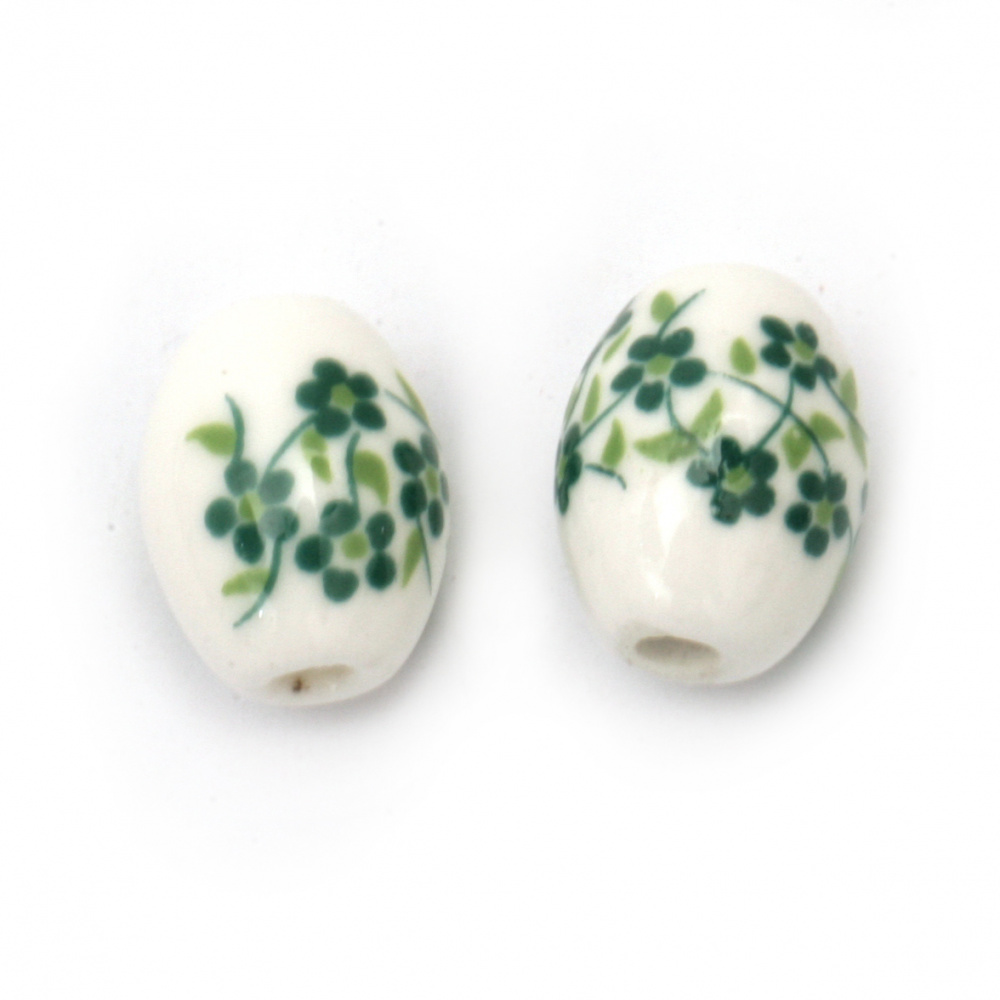 Decorated Oval Porcelain Bead, 8x10 mm, Hole: 2.5 mm, White - 5 pieces