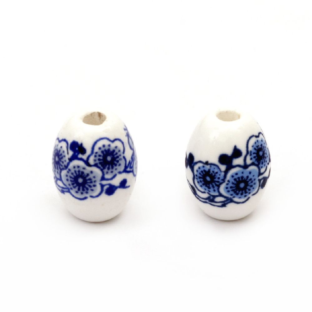 Porcelain Beads, Oval, Painted, Blue, 8x10mm, hole 2.5mm, 5 pcs