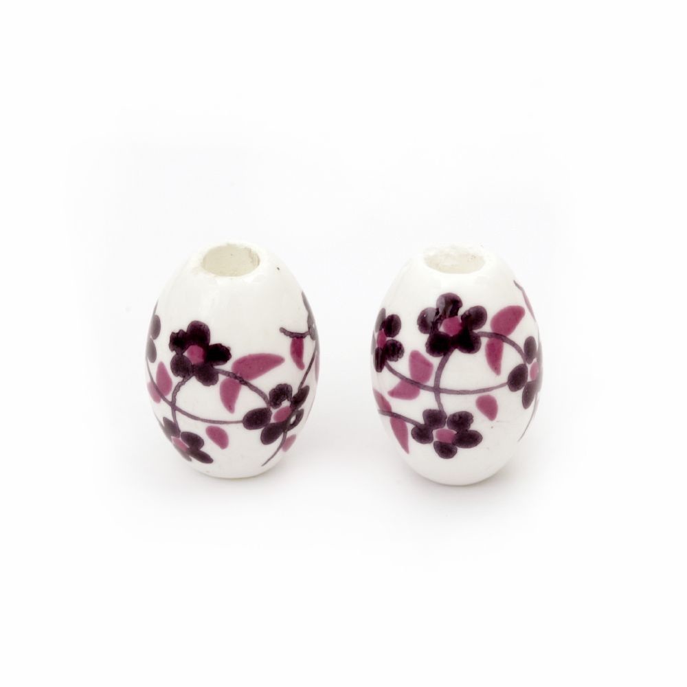 Porcelain Beads, Oval, Painted, Purple, 10x14mm, hole 3.5mm, 5 pcs