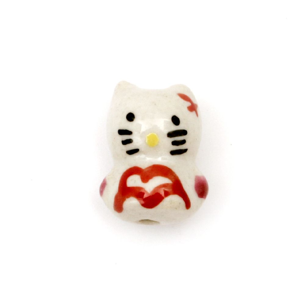 Handmade Painted Porcelain Kitten Bead, 17x13x12 mm, Hole: 2 mm 
