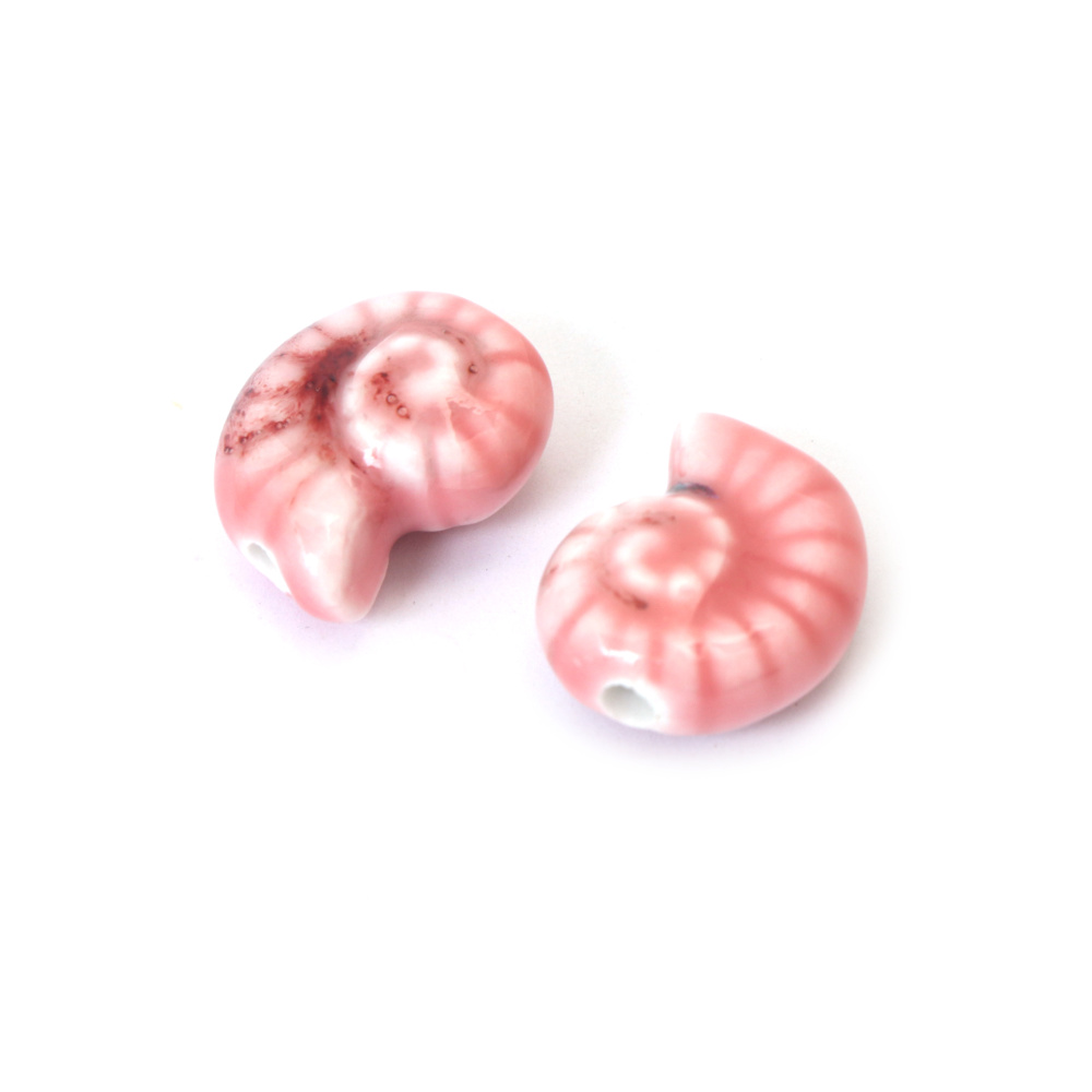 Мъниста порцелан спираловидна раковина 20x17x10 мм дупка 3 мм меланж цвят розов -2 броя