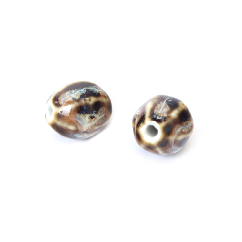 Порцеланови мъниста с форма на овал с шест ръба 16x14 мм дупка 2 мм цвят кафяв меланж -2 броя