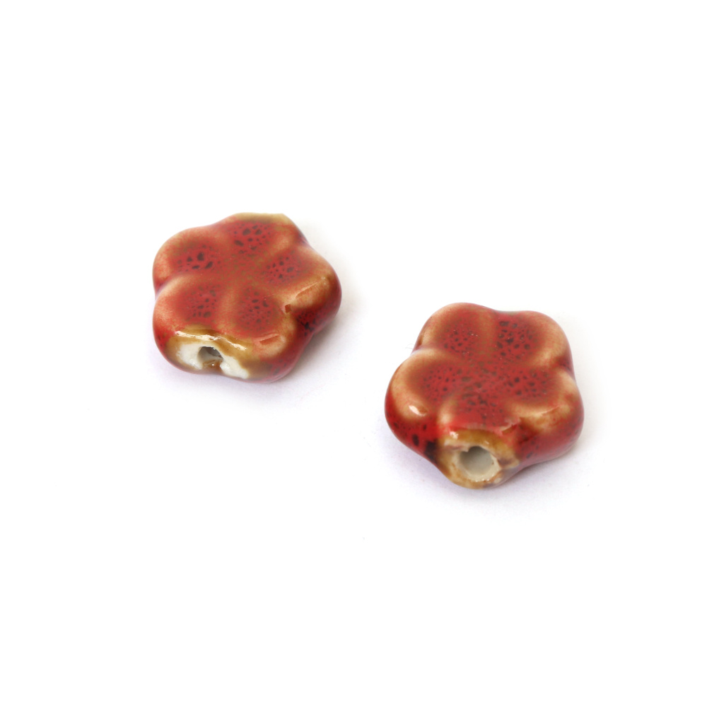 Порцеланови мъниста с форма на цвете 16x6 мм дупка 2 мм цвят червен напръскан -2 броя