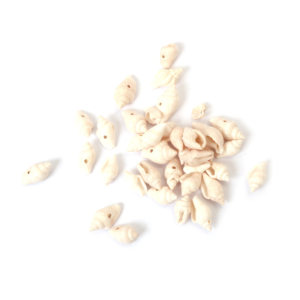 Морски раковини 7~11x11~19x6~8 мм дупка 1~1.5 мм цвят бял -50 грама ~160 броя