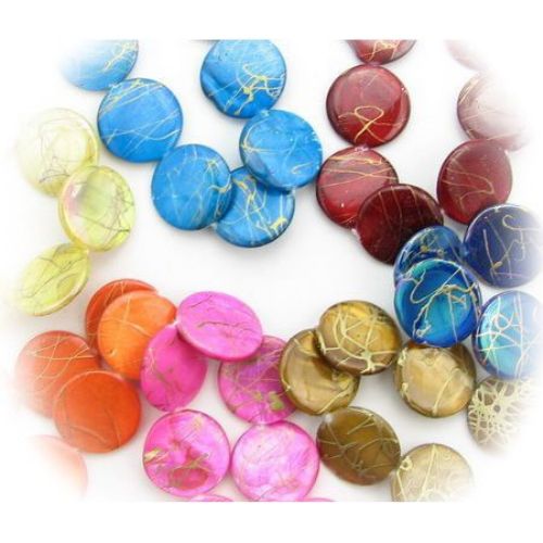 Mother of Pearl Flat Round Beads Strand, Dyed, Assorted Colors, Decorated with Gold contour 20x4 mm hole 1 mm ~ 20 pieces