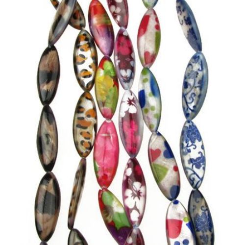 Mother of Pearl Flat Oval Beads Strand, with Asorted Printed Pattern 30x10x4 mm hole 1 mm ~ 13 pieces