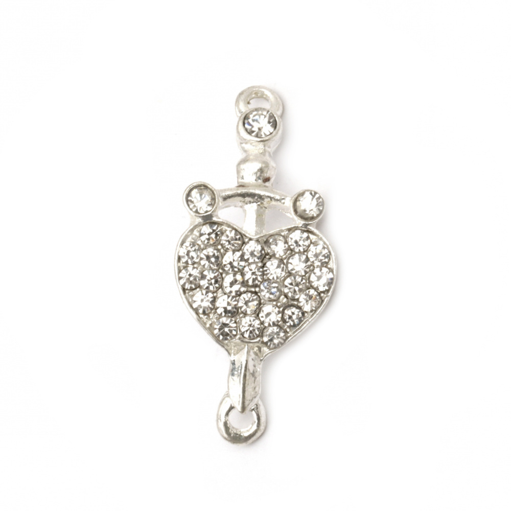 Metal connecting element zinc alloy heart/cross with crystals 37x17x5 mm hole 2 mm color silver
