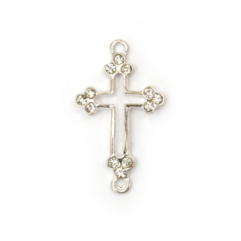 Connecting jewelry component - cross, metal zinc alloy with crystals 43x25x5 mm hole 3 mm color silver