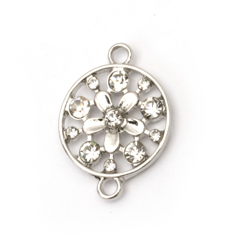 Round connecting element, openwork metal zinc alloy with crystals 27x18x4 mm hole 2 mm color silver