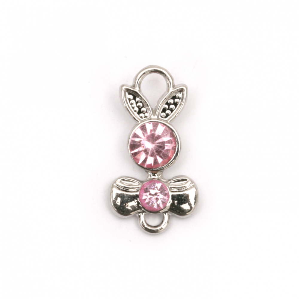 Metal connecting bead,  zinc alloy rabbit with pink crystals 22x12x5 mm hole 1 mm color silver - 2 pieces
