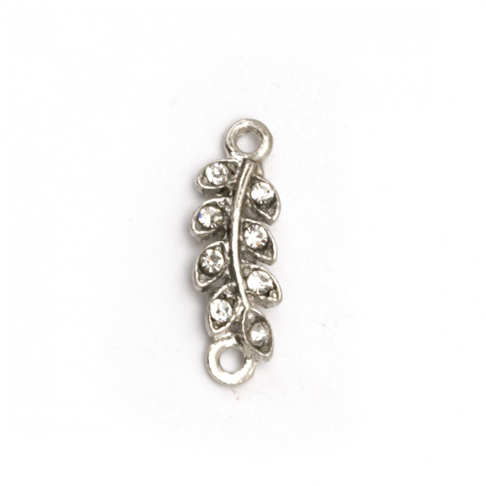 Connecting element leaf from metal zinc alloy with crystals 18x6x2 mm hole 1 mm color silver - 2 pieces