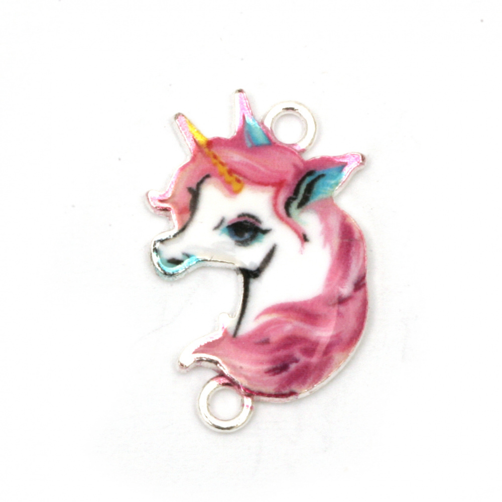 Metal Connecting Element / Unicorn, 23x15x2.5 mm, Hole: 2 mm, Pink - 2 pieces