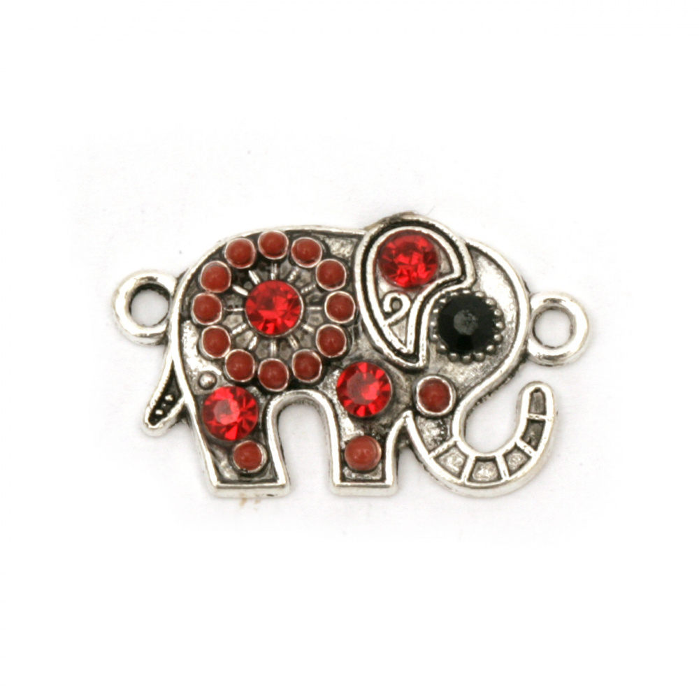 Metal Connector / Elephant with Crystals, 23x13.5x3 mm, Hole: 1.5 mm, Old Silver with Red Crystals - 2 pieces