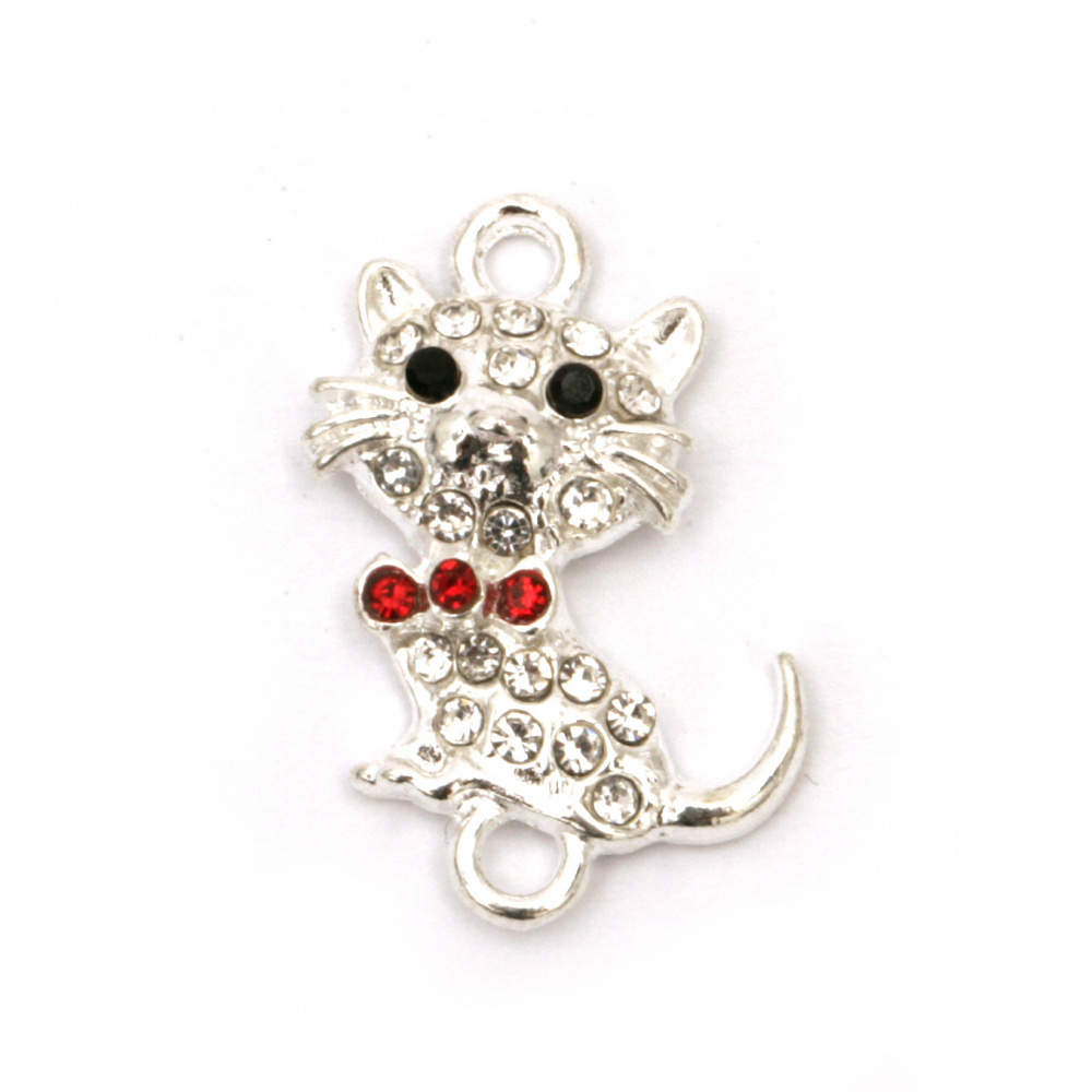 Metal Link Charm with Crystals / Kitten, 23x15x4 mm, Hole: 2 mm, Silver - 2 pieces