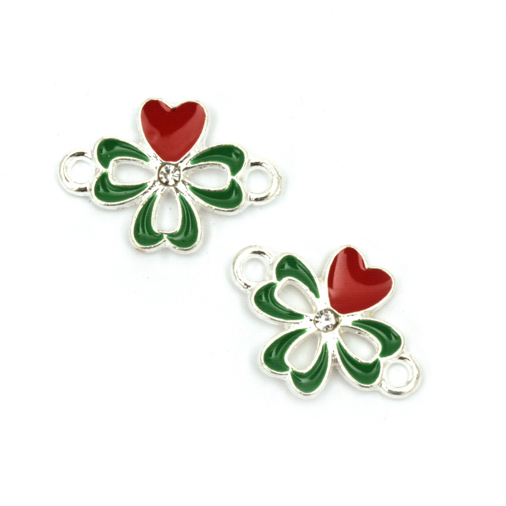 Colored Metal Connector Bead / Lucky Clover, 20x14x3 mm, Hole: 2 mm, Red and Green - 2 pieces