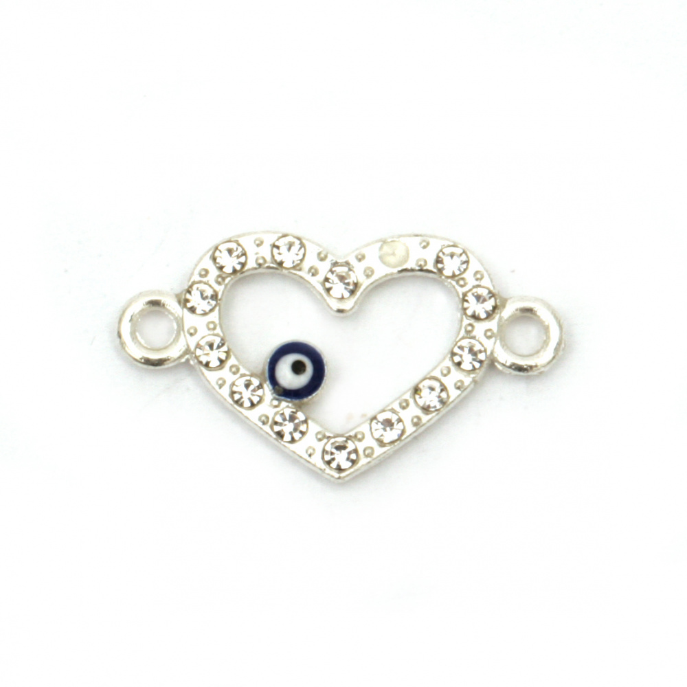 Metal Heart Connector with Crystals and Blue Eye, 21x12x2 mm, Hole: 2 mm, Silver - 2 pieces