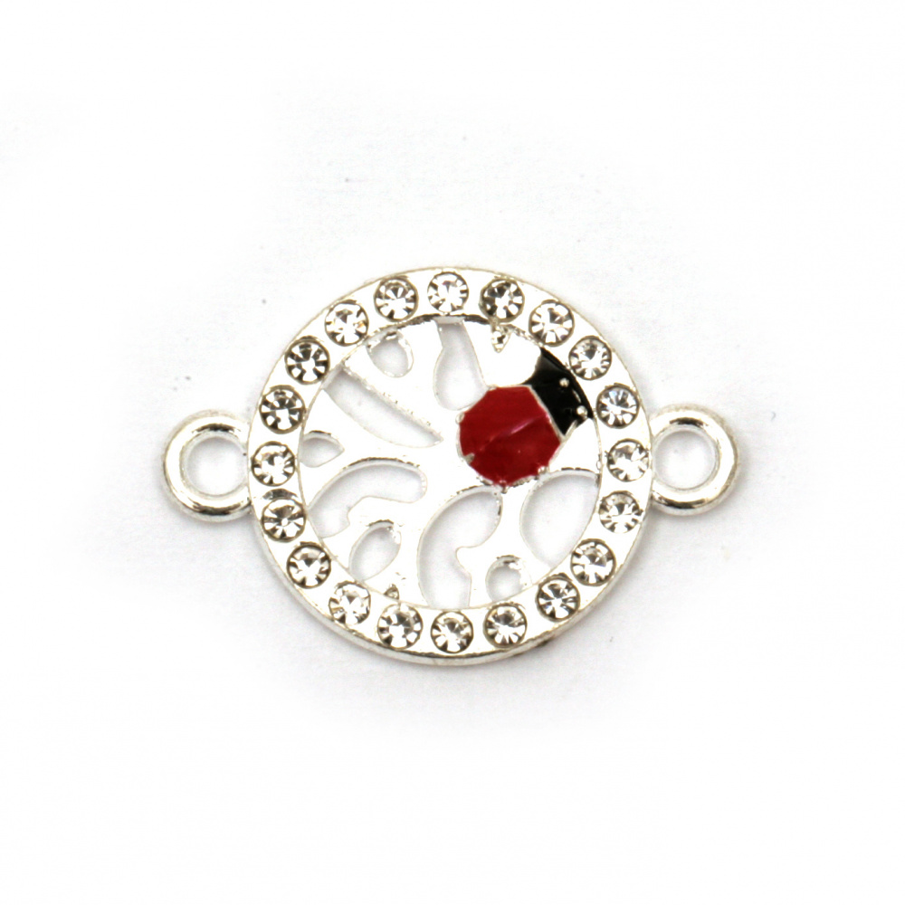 Round Metal Link Charm with Crystals / Tree of Life with Ladybug, 22x15x2 mm, Hole: 2 mm, Silver - 2 pieces