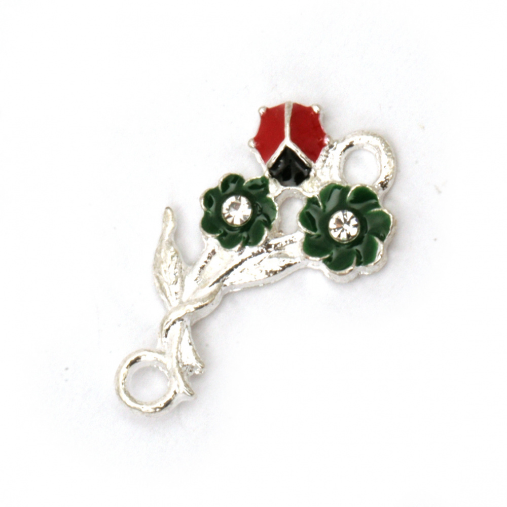 Colored Metal Connector with Crystals / Flowers with Ladybug, 22x12x3 mm, Hole: 2 mm, Silver -2 pieces