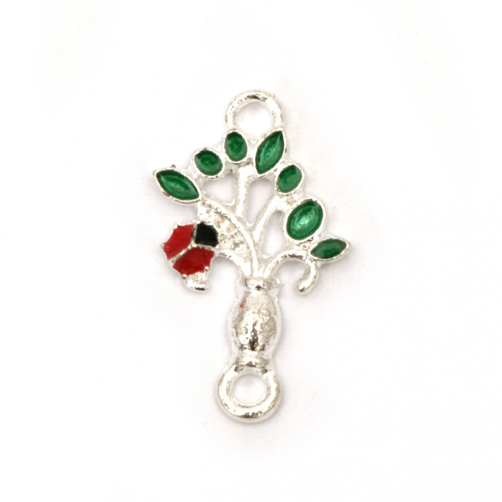 Metal Connecting Element with Crystals / Bouquet with Ladybug, 22x13x2 mm, Hole: 2 mm, Silver - 2 pieces